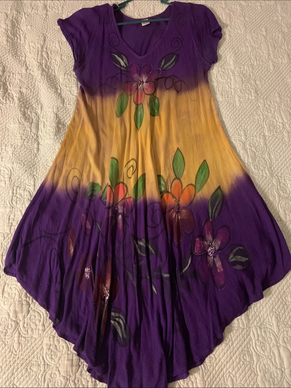 Vintage Boho Cap Sleeve Dress Made in India - Hand Painted Florals